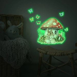 Close-up of glow-in-the-dark mushroom house and bunnies wall decals for kids room decoration
