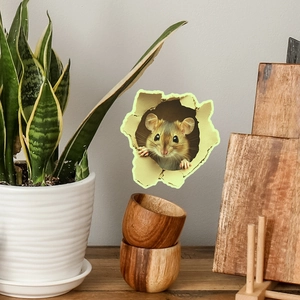 Detailed 3D cartoon mouse peeking from a broken wall hole wall sticker for home decor