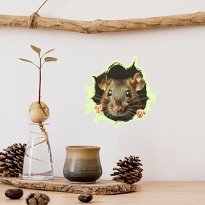 Detailed view of 3D glowing mouse wall sticker with creative realistic hole design