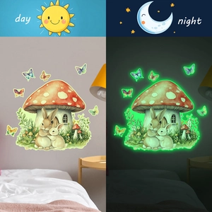 Luminous wall sticker set featuring mushroom house and rabbits for kids' room decor