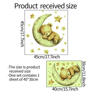 Luminous sleeping bear and moon wall sticker set 45x45cm for cozy bedroom decor