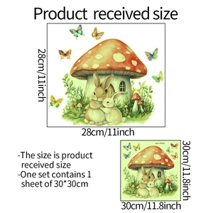 Luminous mushroom house wall sticker with rabbits and butterflies, 30x30cm DIY wall decor