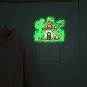 Luminous wall sticker featuring a cartoon mushroom house and animals for home switch decor