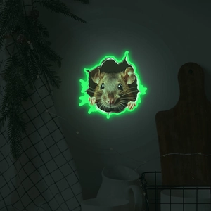 Glow in the dark 3D wall sticker featuring a realistic mouse peeking from a broken hole