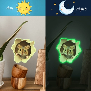 3D cartoon mouse hole wall sticker with green luminous glow for night decoration