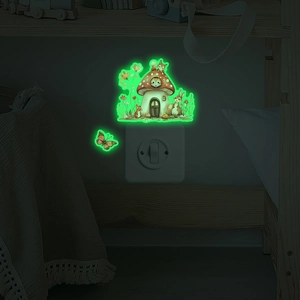 Luminous wall sticker showing glowing mushroom house, rabbit and butterfly in the dark