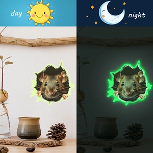 Luminous 3D cracked wall mouse decal for home decor with day and night glow effect