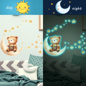 Luminous brown bear and moon wall sticker for kids bedroom in day and night views