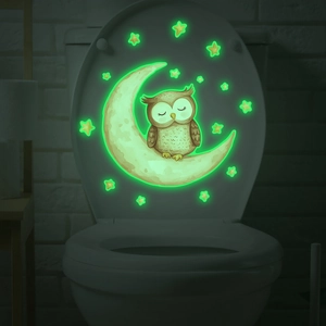 Luminous cartoon owl and moon stars toilet wall stickers glowing in the dark