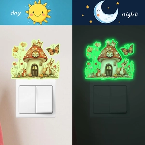 Luminous cartoon mushroom house wall decals showing day and night glow effects