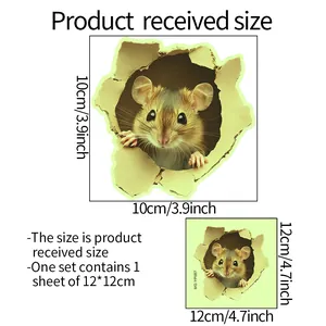 Detailed size chart for mouse in hole wall sticker showing 12x12cm sheet dimensions