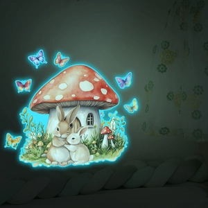 Luminous wall stickers featuring colorful mushroom house and rabbits in dark night