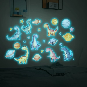 Luminous cartoon dinosaur world and planets wall stickers glowing in the dark for bedroom