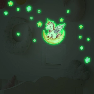 Luminous unicorn and stars wall stickers for bedroom with a glowing green moonlight effect