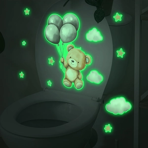 Luminous cartoon bear and clouds wall stickers set for bathroom decoration in the dark