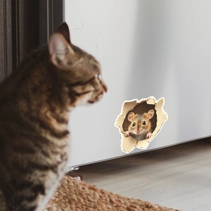 Detailed 3D mouse hole wall sticker showing a realistic mouse peeking from a corner