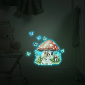 Luminous wall stickers featuring fairy tale mushroom houses and rabbits in a dark bedroom