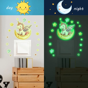 Luminous cartoon unicorn and stars wall stickers for bedroom switch decoration in day and night