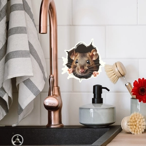 3D realistic wall sticker of a mouse peering from a cracked hole on kitchen tiles