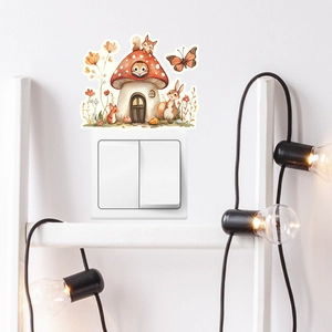Luminous mushroom house wall sticker with forest animals and flowers on light switch