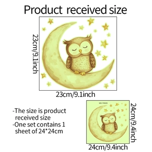 Luminous cartoon owl and moon wall sticker for bathroom decor, size 23x23cm