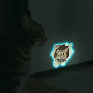 Luminous wall sticker showing a realistic mouse peeking from a broken hole in the dark