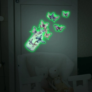 Luminous wall sticker showing green glowing butterflies flying from a glass bottle