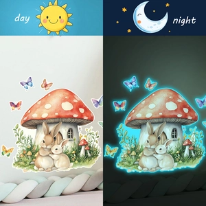 Glow in the dark mushroom house and rabbit wall stickers for kids room decoration