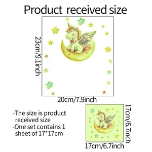 Size chart for luminous cartoon unicorn and star wall stickers for home decor