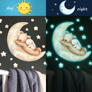 Luminous glow in the dark bear and rabbit wall stickers for kids bedroom decor