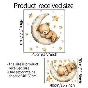 Detailed size chart for sleepy bear and stars wall stickers with layout dimensions