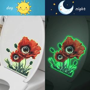 Luminous toilet sticker featuring red poppies and surreal eyes in day and night views