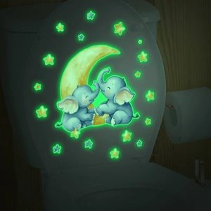 Luminous wall stickers with cartoon elephants on moon and stars for toilet decor