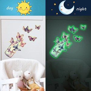 Luminous wall stickers featuring butterflies in bottles glowing in the dark for home decor