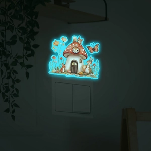 Luminous wall sticker showing a cartoon mushroom house and animals glowing in the dark blue