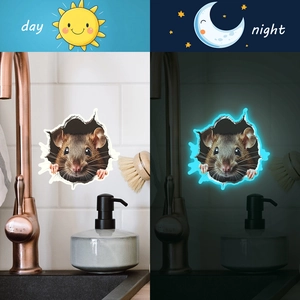 Luminous creative wall sticker featuring a realistic mouse peeking through a broken wall