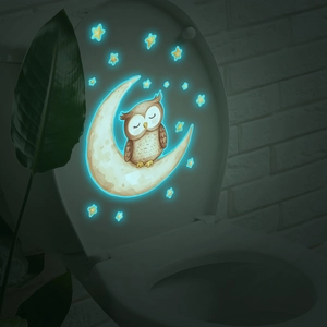 Luminous wall sticker featuring a cartoon sleeping owl with moon and stars for toilet decor