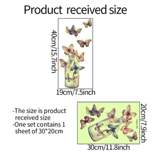 Size guide for luminous butterfly bottle wall stickers with measurements in cm and inches