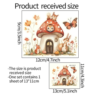 Detailed view of luminous mushroom house and squirrel stickers showing 13x11cm sheet size