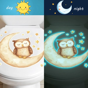 Glow in the dark cartoon owl and moon decorative toilet seat stickers in day and night views