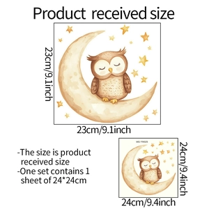 Luminous cartoon owl and stars wall sticker layout size and dimension details