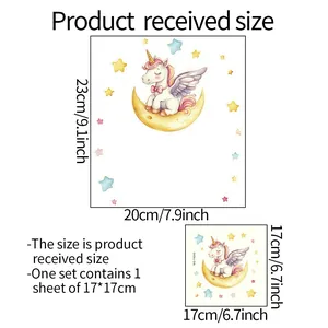 Luminous unicorn and stars wall sticker size chart showing dimensions 20x23cm and 17x17cm