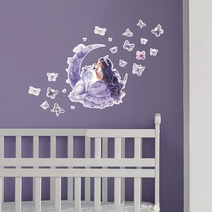 Luminous wall stickers featuring a girl, wolf, and moon in a dreamy nursery setting