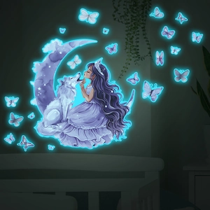 Luminous wall sticker set featuring a girl, white wolf, and glowing butterflies in blue hues