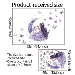 Fluorescent wall sticker set with girl and wolf on moon including size dimensions