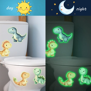 Luminous cartoon dinosaur wall stickers showing day and night glowing effect in bathroom