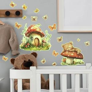 Detailed macro view of cartoon mushroom house wall stickers with cute bear and butterflies