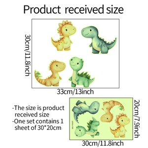 Detailed size chart showing 30x20cm dimensions for cartoon dinosaur wall stickers