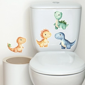 Detailed view of hand-painted watercolor dinosaur stickers on a white bathroom toilet tank