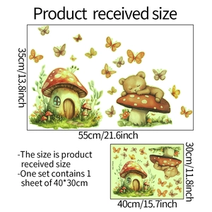 Glow-in-the-dark mushroom house and bear wall stickers, size 40x30cm DIY nursery decor